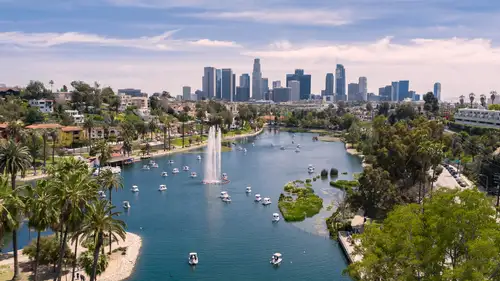Aerial view of Echo Park with downtown Los Angeles skyline